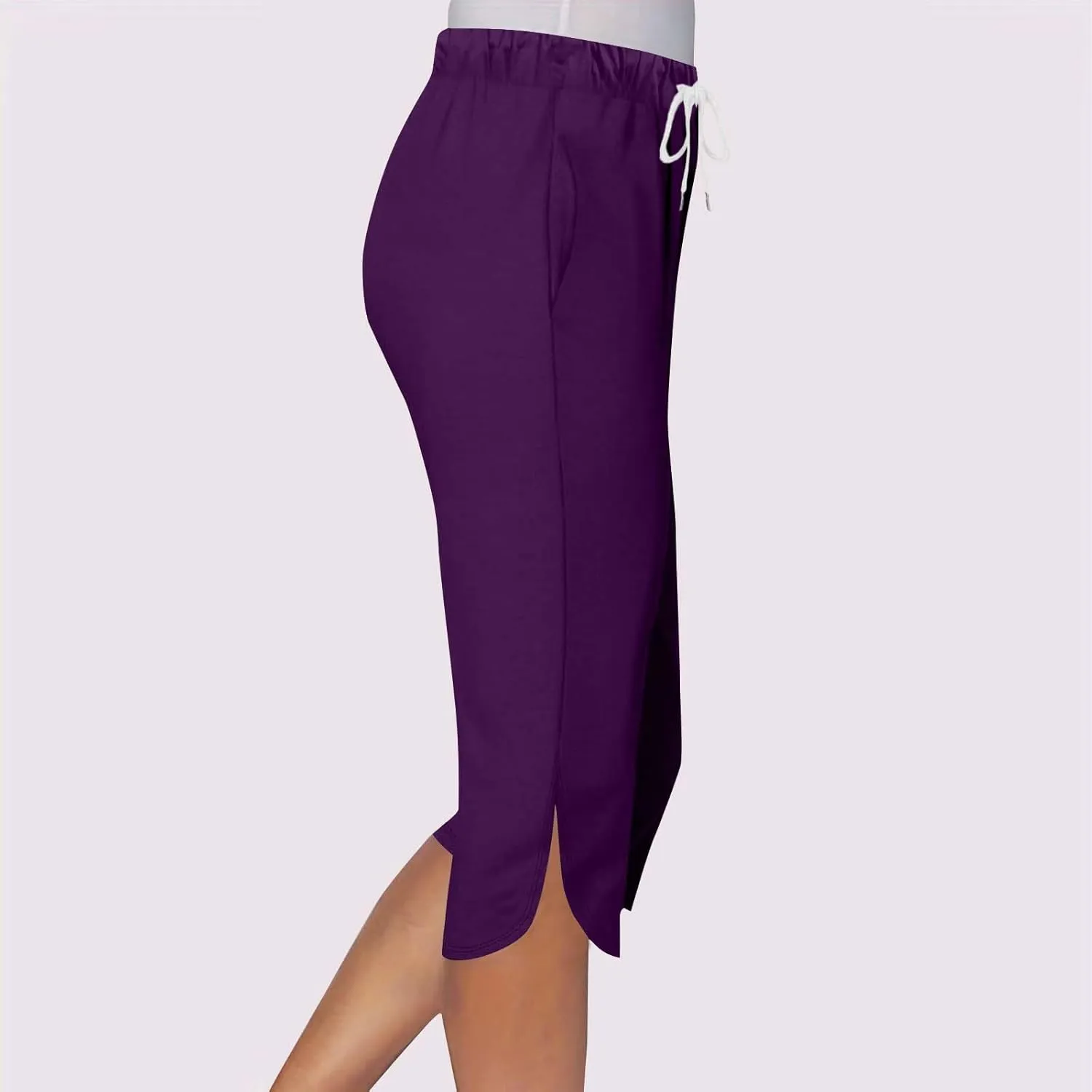 Akklian Summer Leggings with Pockets for Women Straight Wide Leg Cropped Trousers Drawstring Elastic Waist Side Slit Trousers