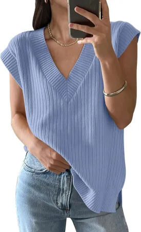ANRABESS Womens V Neck Sweater Vest Oversized Sleeveless Tops Casual Ribbed Knit Loose 2025 Summer Tank Top Outfits Clothes