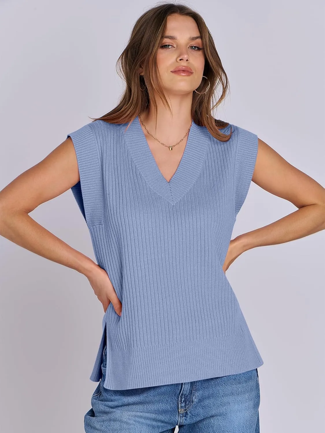 ANRABESS Womens V Neck Sweater Vest Oversized Sleeveless Tops Casual Ribbed Knit Loose 2025 Summer Tank Top Outfits Clothes