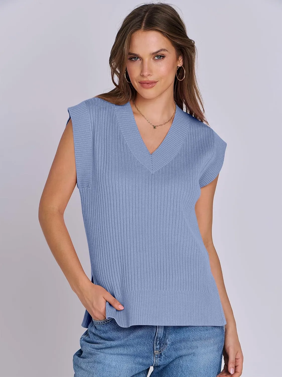 ANRABESS Womens V Neck Sweater Vest Oversized Sleeveless Tops Casual Ribbed Knit Loose 2025 Summer Tank Top Outfits Clothes