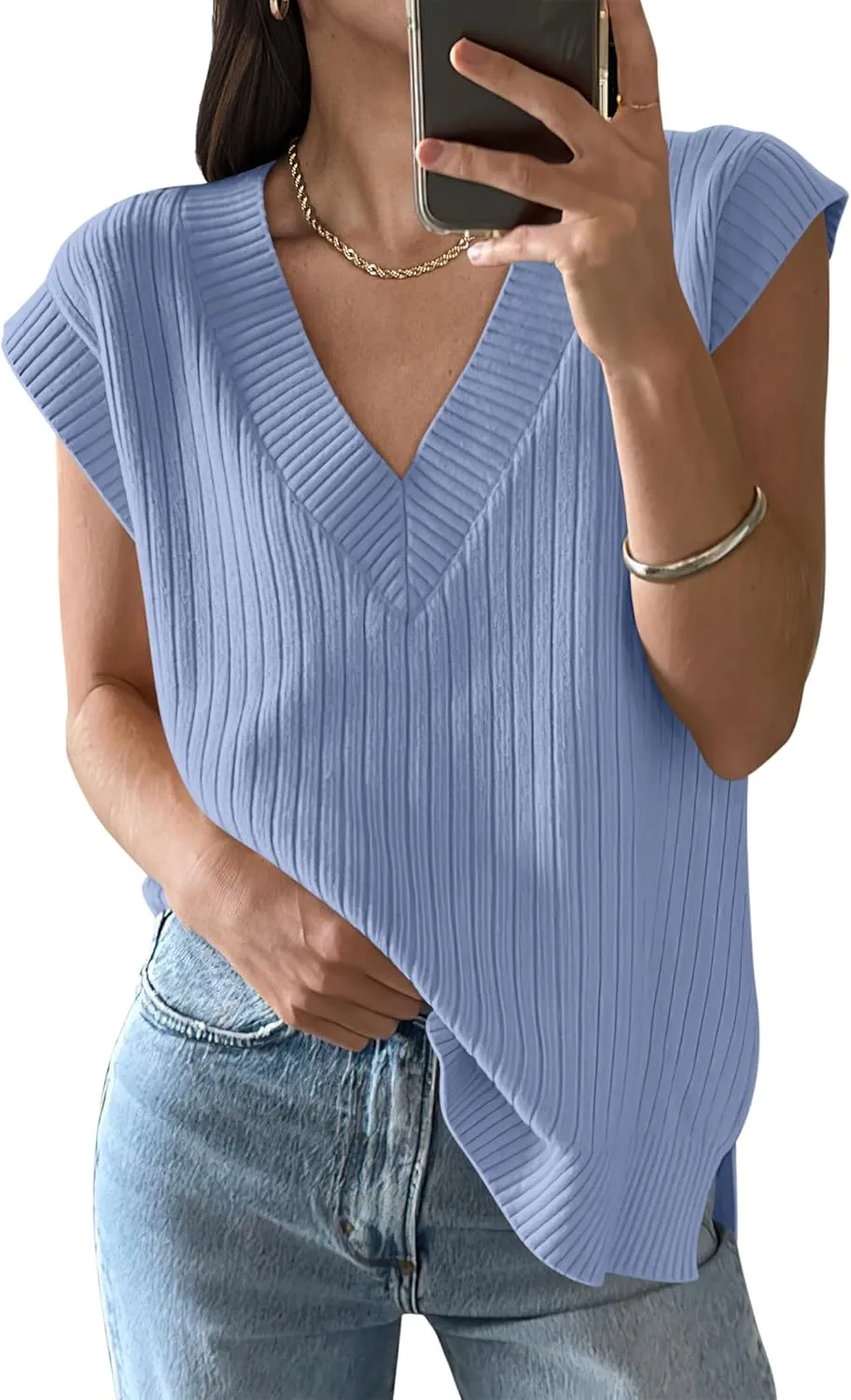ANRABESS Womens V Neck Sweater Vest Oversized Sleeveless Tops Casual Ribbed Knit Loose 2025 Summer Tank Top Outfits Clothes