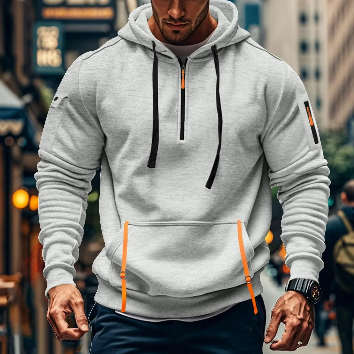 Azeralia Hoodies for Men Long Sleeve Half Zipper Pullover Printed Drawstring Oversized Sweatshirt Casual Loose Outfits