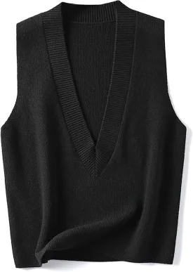 Blostirno Women's Sweater Vest V Neck Knit Pullover Vests Trendy Solid Knitwear Sleeveless Sweaters Tops