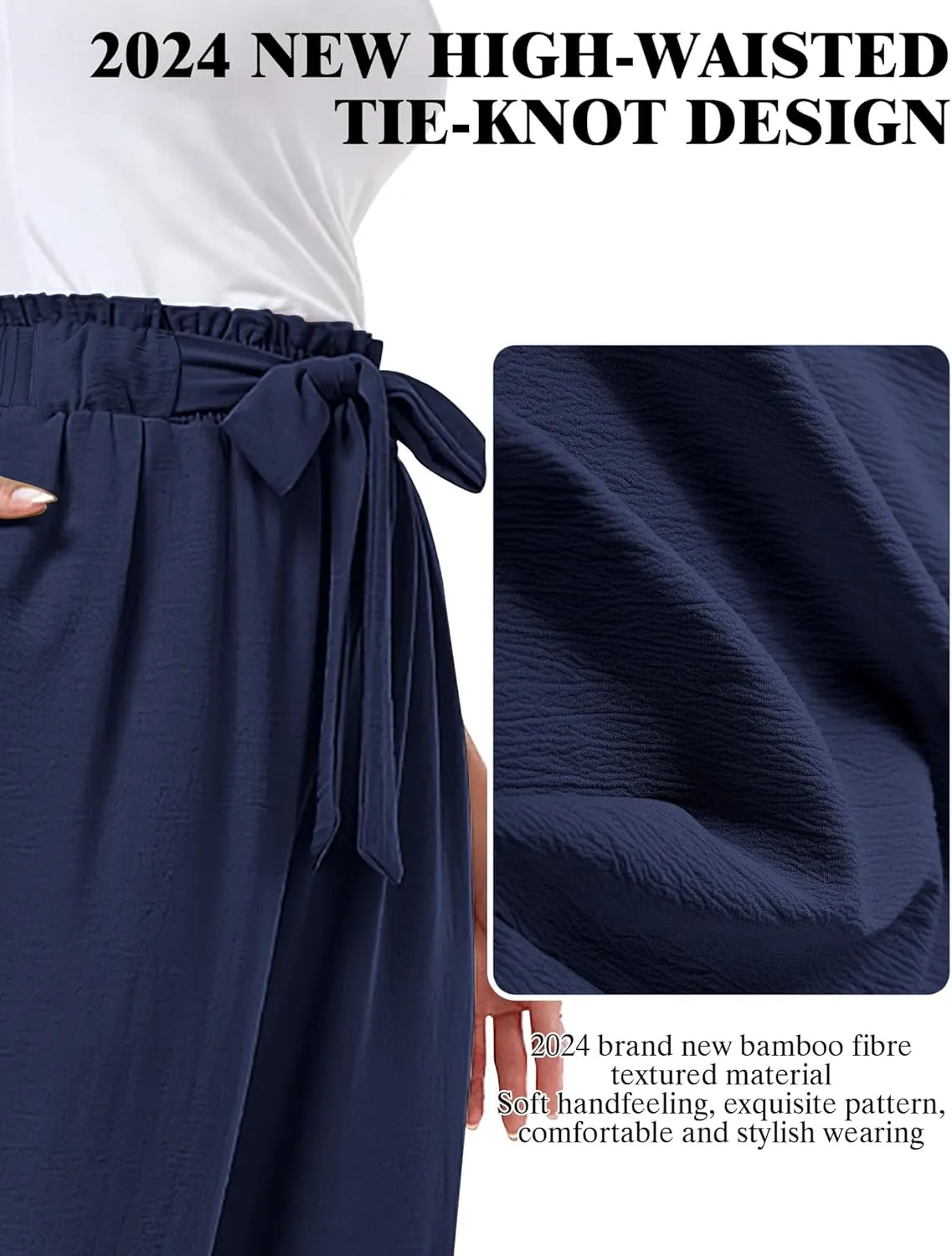 Buauty Wide Leg Palazzo Pants Woman with Pockets High Waist Pant Adjustable Knot Loose Trousers Business Casual Work Pants