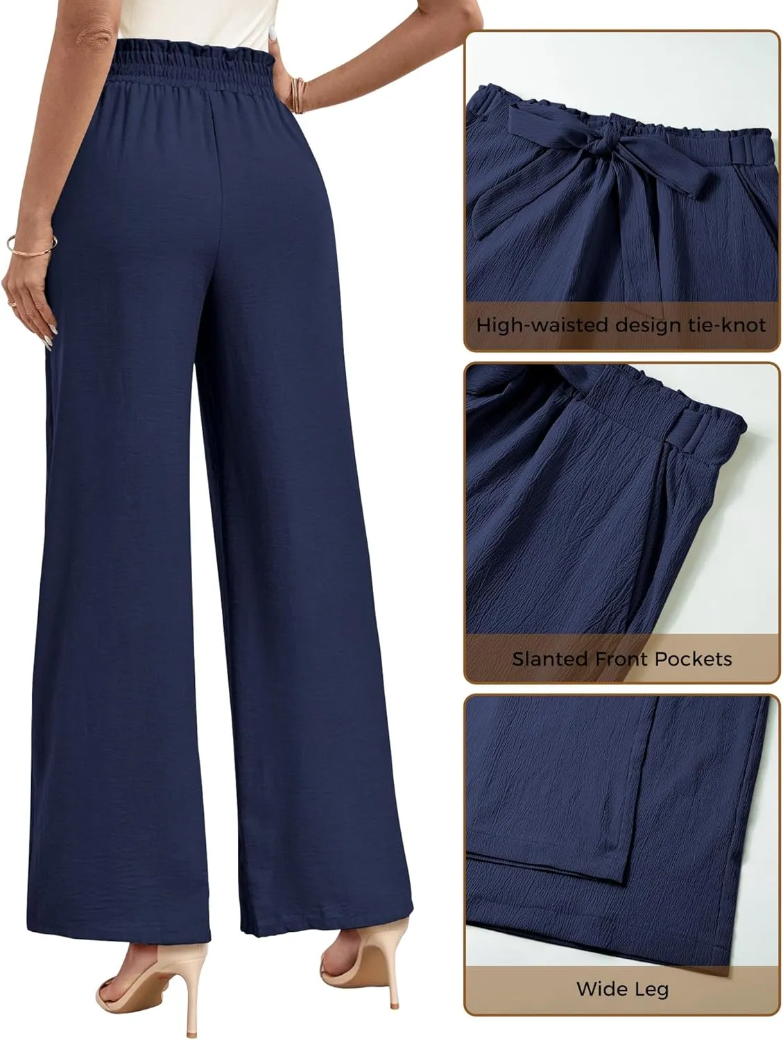 Buauty Wide Leg Palazzo Pants Woman with Pockets High Waist Pant Adjustable Knot Loose Trousers Business Casual Work Pants