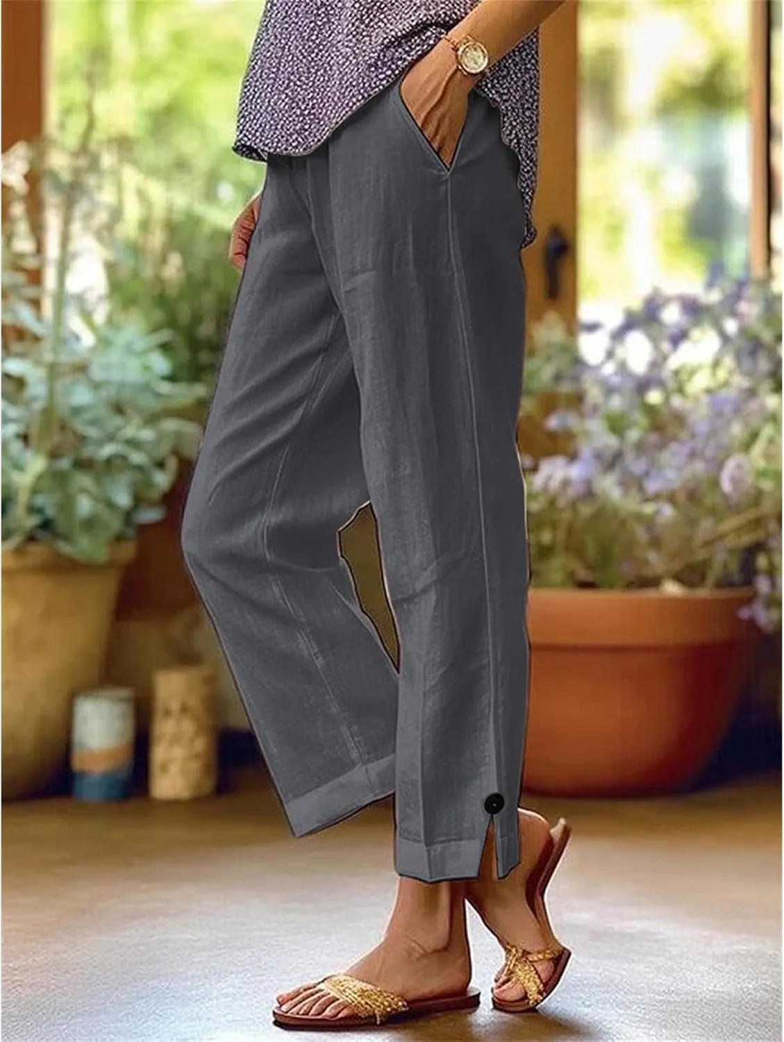 Cotton Linen Pants for Women Loose Fit High Waisted Elastic Drawstring Beach Pants Palazzo Trousers with Pockets