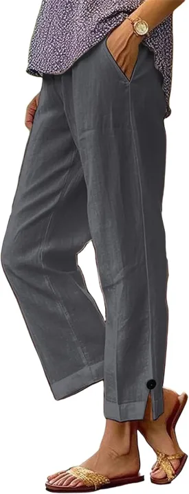 Cotton Linen Pants for Women Loose Fit High Waisted Elastic Drawstring Beach Pants Palazzo Trousers with Pockets