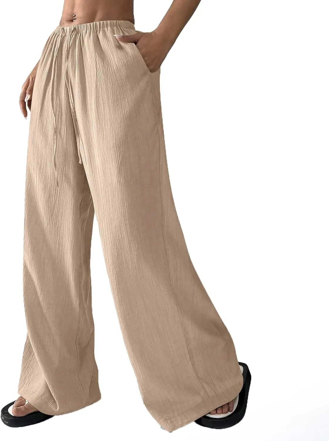 Cruise Pants for Women 2025 Vacation Outfits Drawstring Flowy Casual Pants with Pockets Wide Leg Lightweight Beach Sweatpants