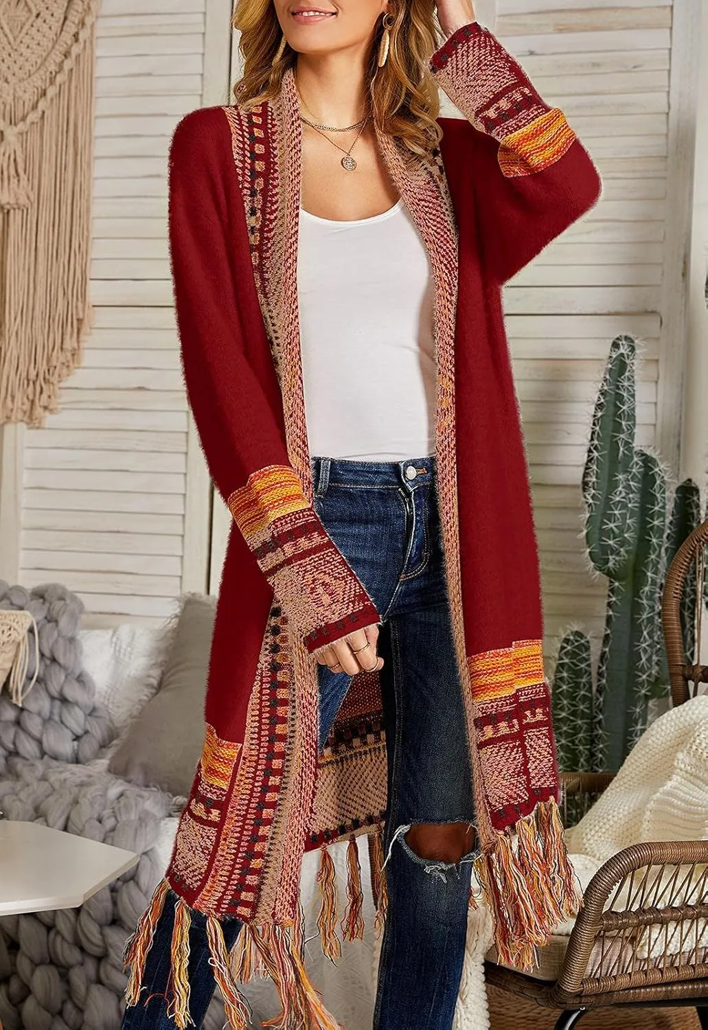 FERBIA Women Boho Cardigan Sweater Long Open Front Maxi Knit Sweaters Aztec Tribal Tassel Fringe Thin Coat