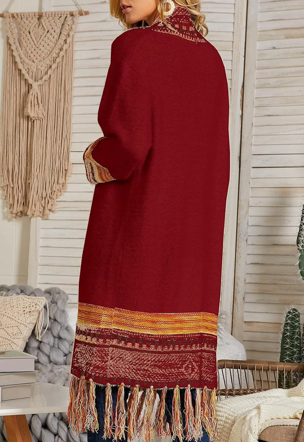 FERBIA Women Boho Cardigan Sweater Long Open Front Maxi Knit Sweaters Aztec Tribal Tassel Fringe Thin Coat