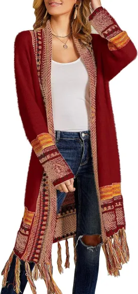 FERBIA Women Boho Cardigan Sweater Long Open Front Maxi Knit Sweaters Aztec Tribal Tassel Fringe Thin Coat