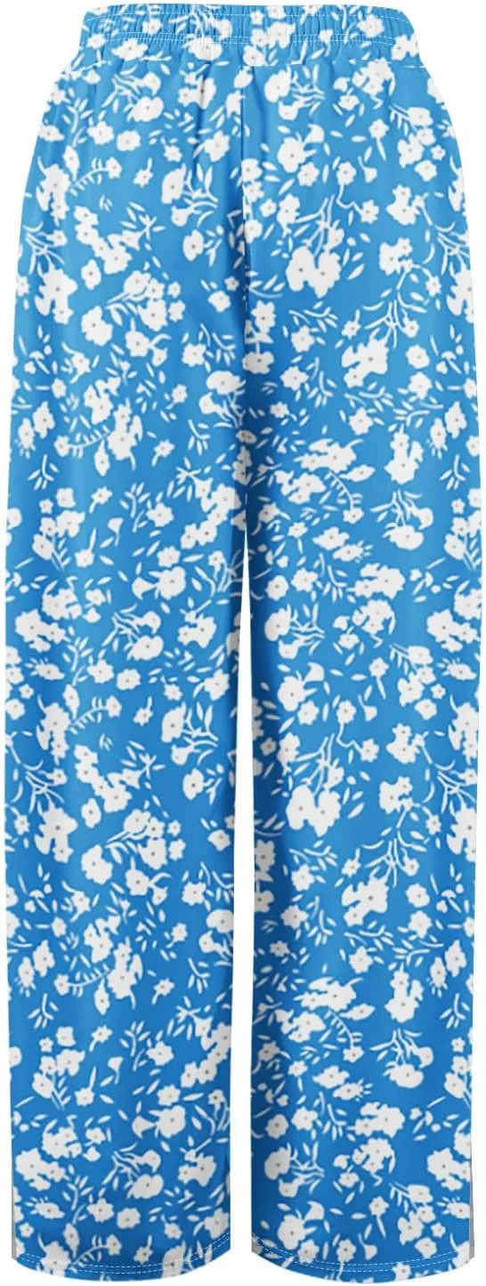 FlekmanArt Dress Pants Women Petite High Waisted Wide Leg Summer Beach Vacation Pants Boho Lounge Casual Palazzo Trousers