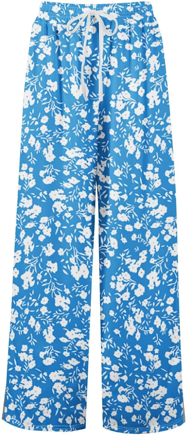 FlekmanArt Dress Pants Women Petite High Waisted Wide Leg Summer Beach Vacation Pants Boho Lounge Casual Palazzo Trousers
