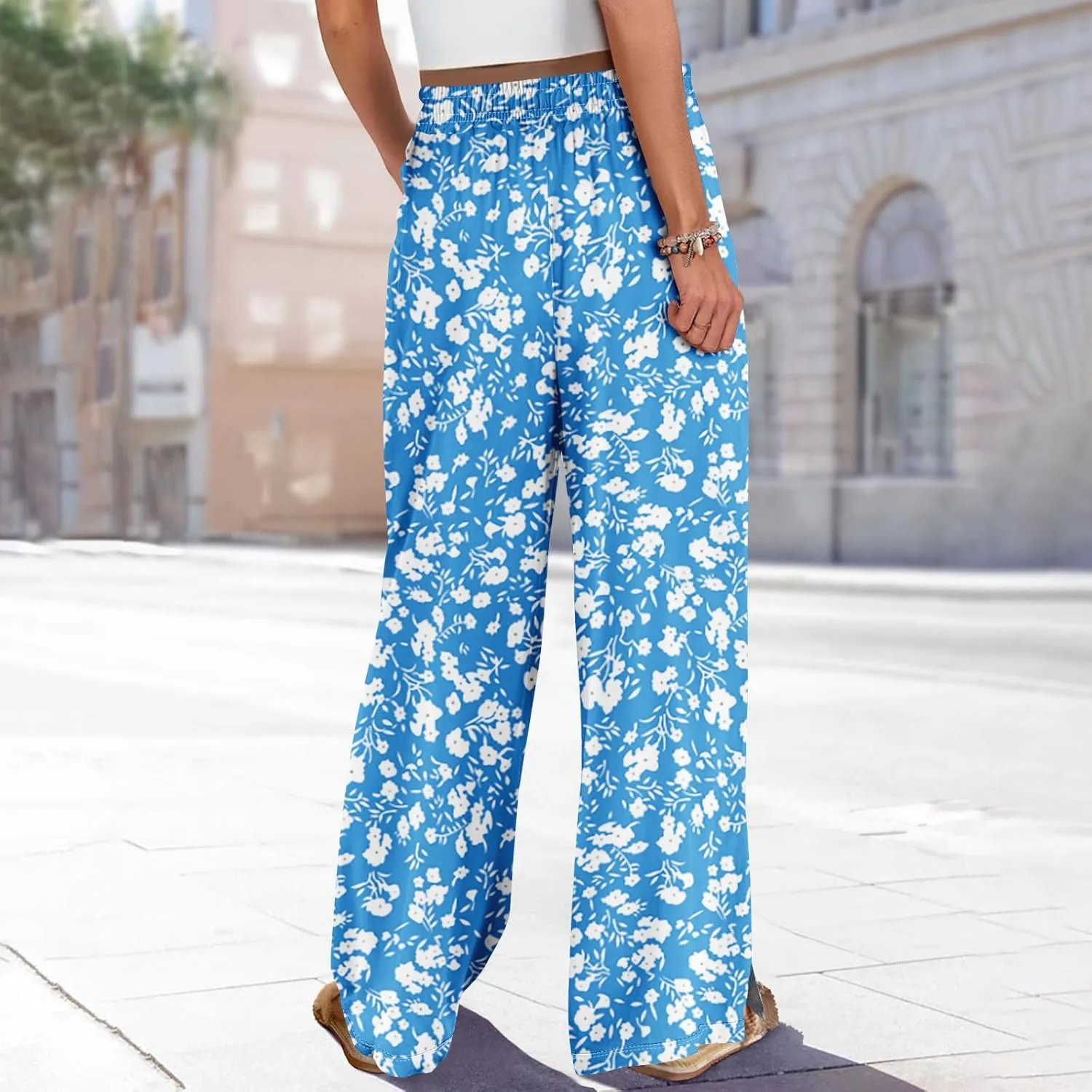FlekmanArt Dress Pants Women Petite High Waisted Wide Leg Summer Beach Vacation Pants Boho Lounge Casual Palazzo Trousers