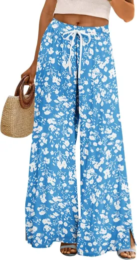 FlekmanArt Dress Pants Women Petite High Waisted Wide Leg Summer Beach Vacation Pants Boho Lounge Casual Palazzo Trousers