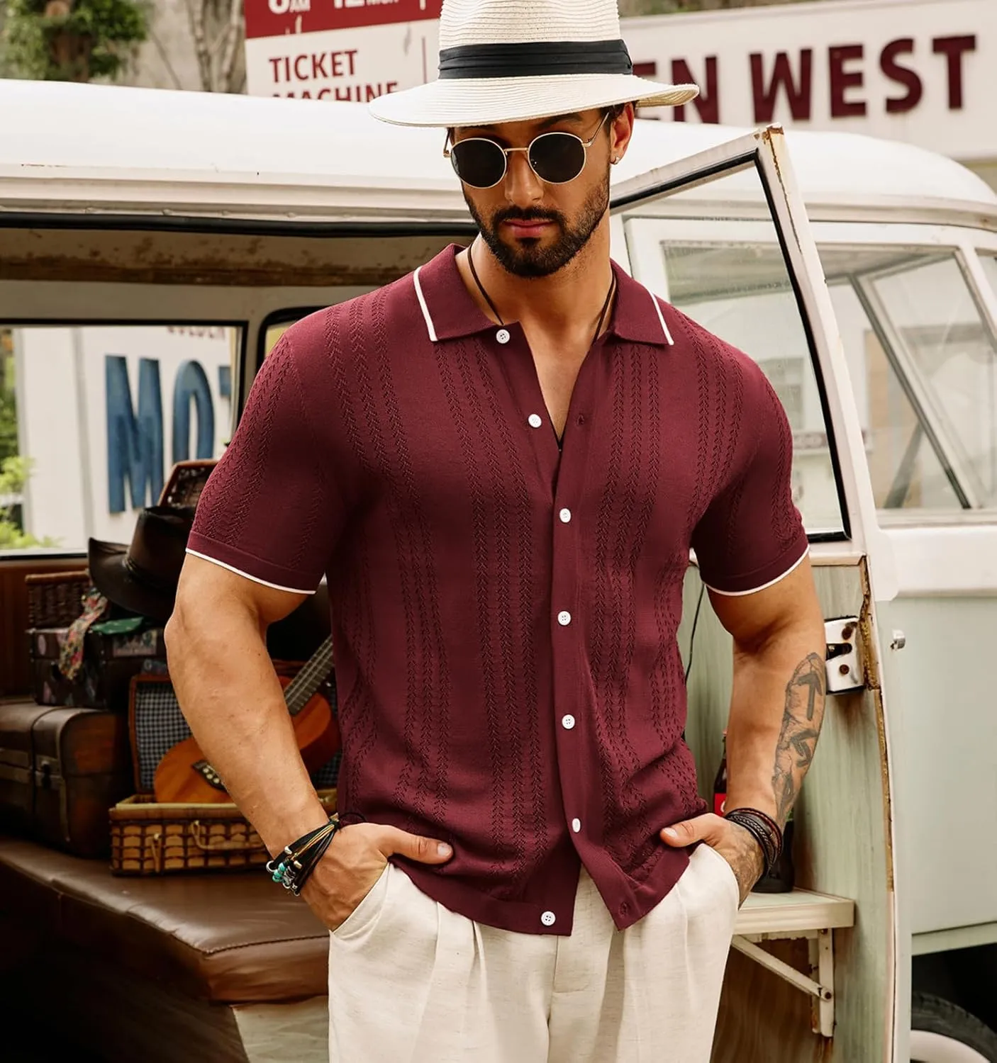 GRACE KARIN Men's Knit Polo Shirt Breathable Hollow Out Casual Button Down Shirts