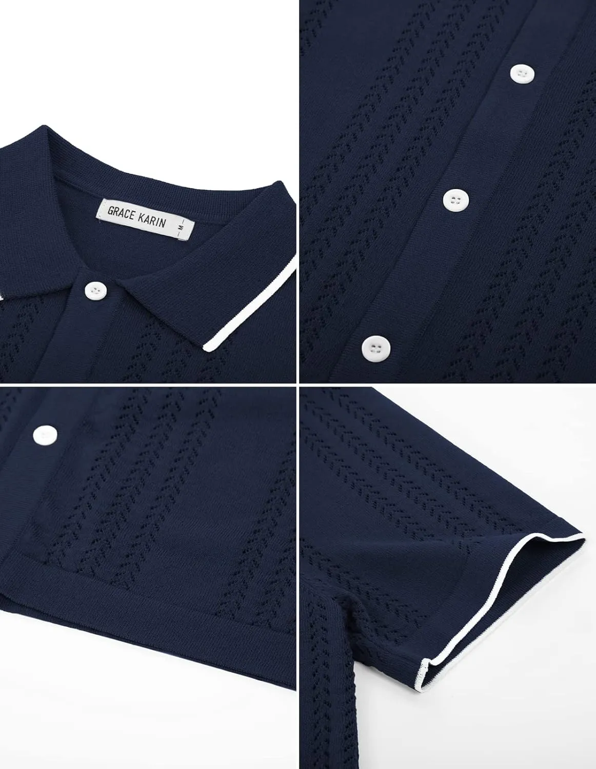 GRACE KARIN Men's Knit Polo Shirt Breathable Hollow Out Casual Button Down Shirts