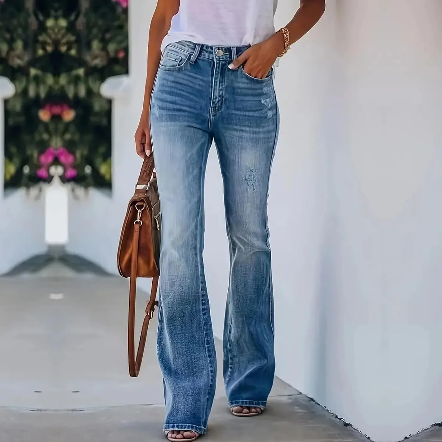 High Waisted Bootcut Jeans for Women Skinny Distressed Ripped Flare Jeans Curvy Denim Bell Bottom Pants with Pockets