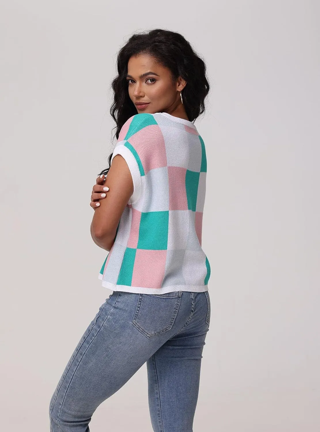 IRISGOD Womens Cap Sleeve Knit Tops Summer Short Sleeve Sweater Vest Color Block Crop T-Shirts