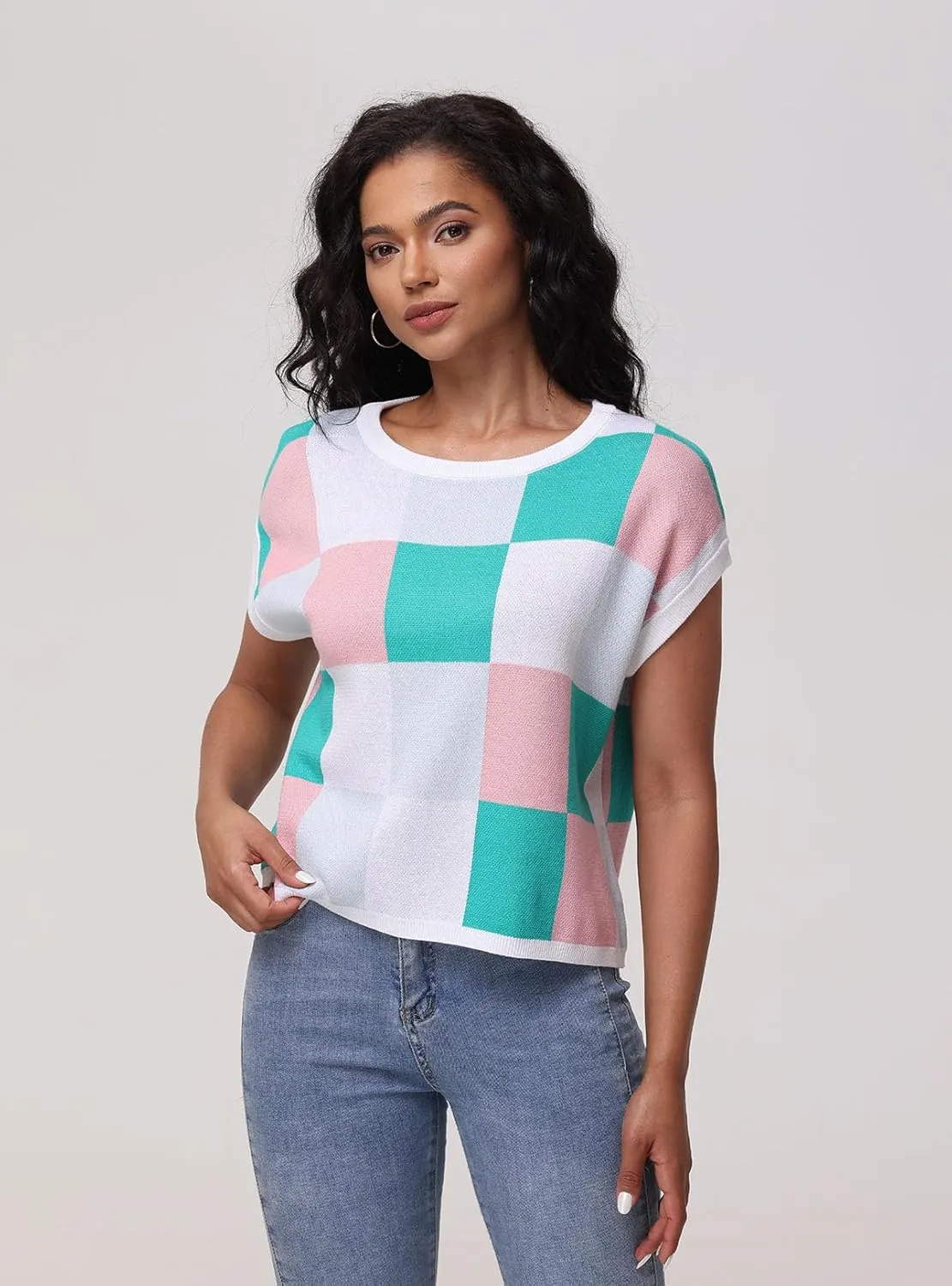 IRISGOD Womens Cap Sleeve Knit Tops Summer Short Sleeve Sweater Vest Color Block Crop T-Shirts