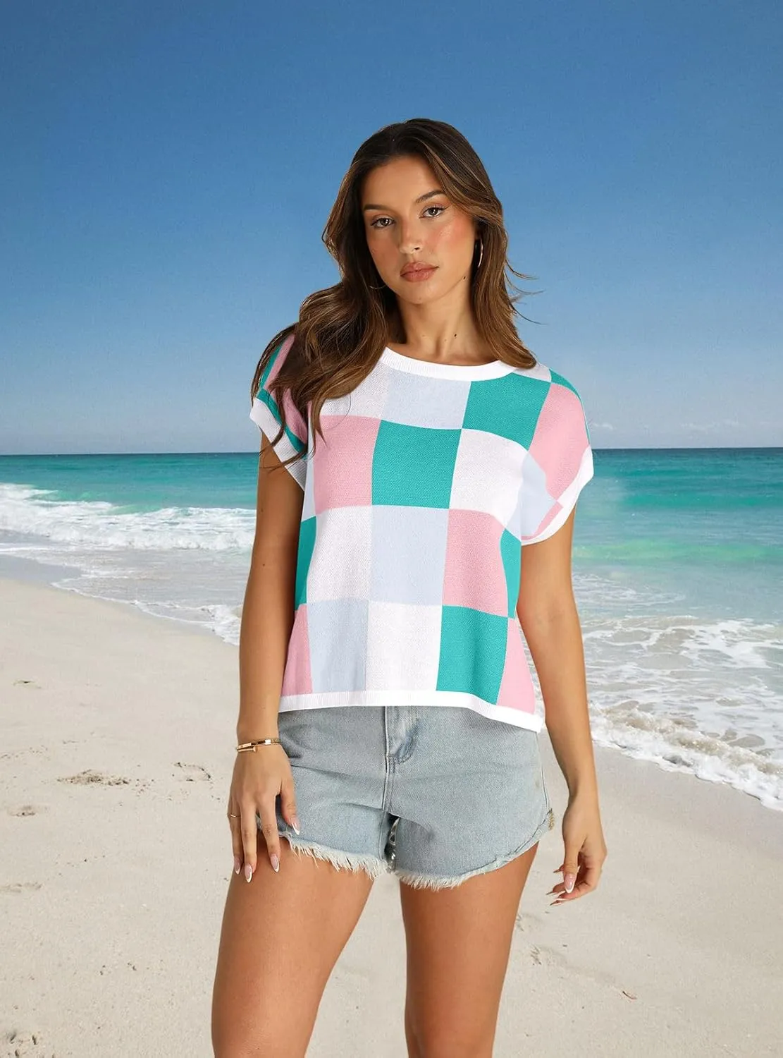 IRISGOD Womens Cap Sleeve Knit Tops Summer Short Sleeve Sweater Vest Color Block Crop T-Shirts