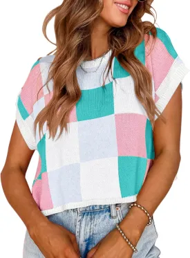 IRISGOD Womens Cap Sleeve Knit Tops Summer Short Sleeve Sweater Vest Color Block Crop T-Shirts