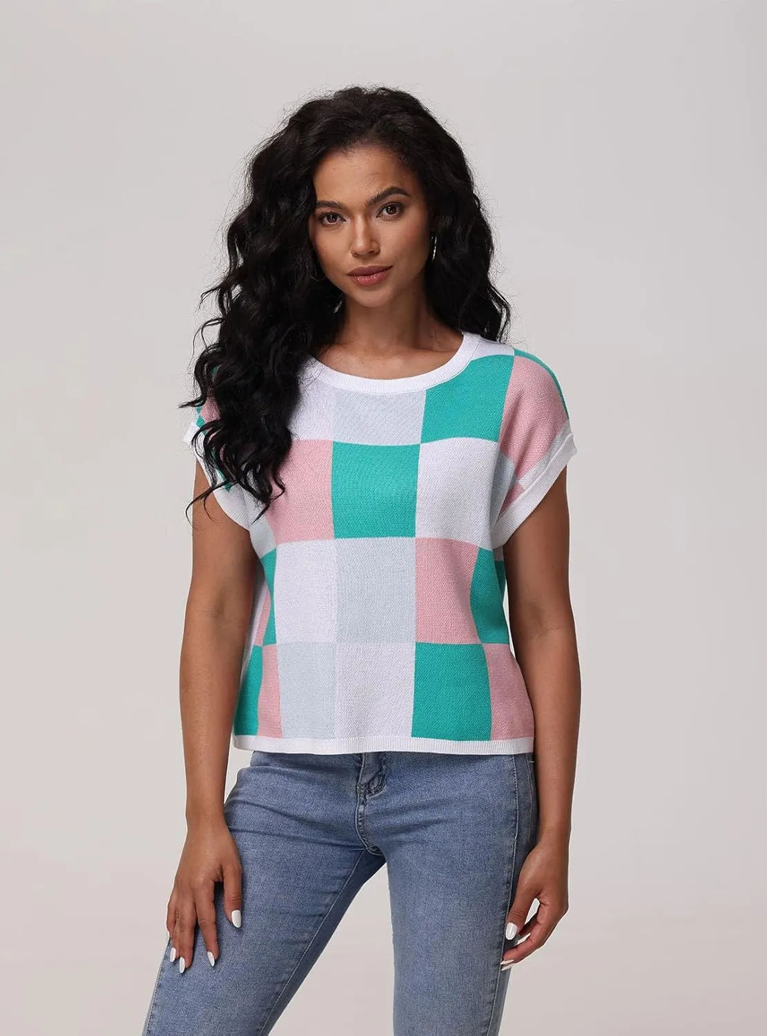 IRISGOD Womens Cap Sleeve Knit Tops Summer Short Sleeve Sweater Vest Color Block Crop T-Shirts