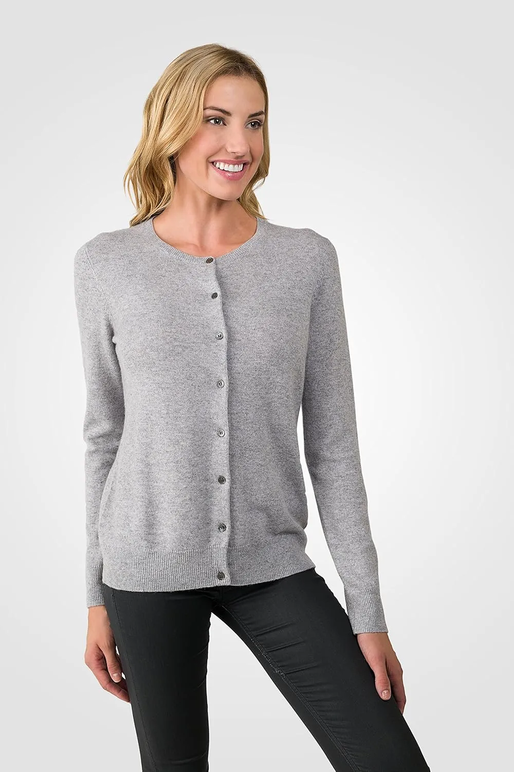 JENNIE LIU Women's 100% Cashmere Button Front Long Sleeve Crewneck Cardigan Sweater