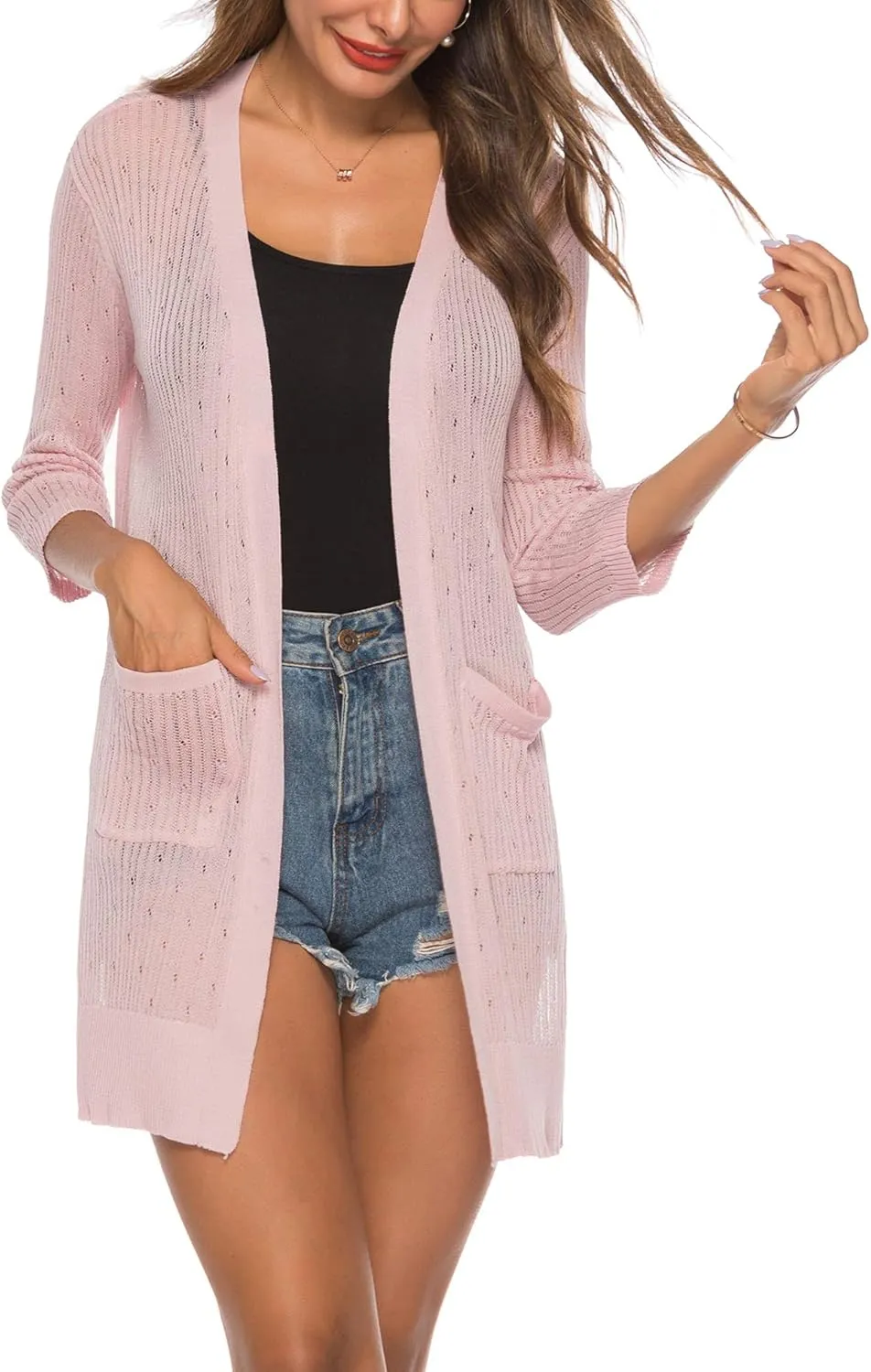 LYHNMW Women's Cardigan Casual 3/4 Sleeve or Long Sleeve Lightweight Open Front Long Knited Cardigan with Pocket