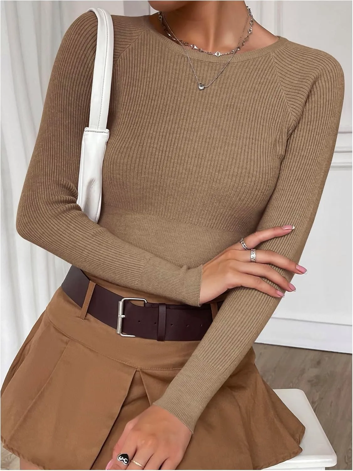 MakeMeChic Women's Long Sleeve Cropped Sweater Crew Neck Rib Knitted Tee Tops
