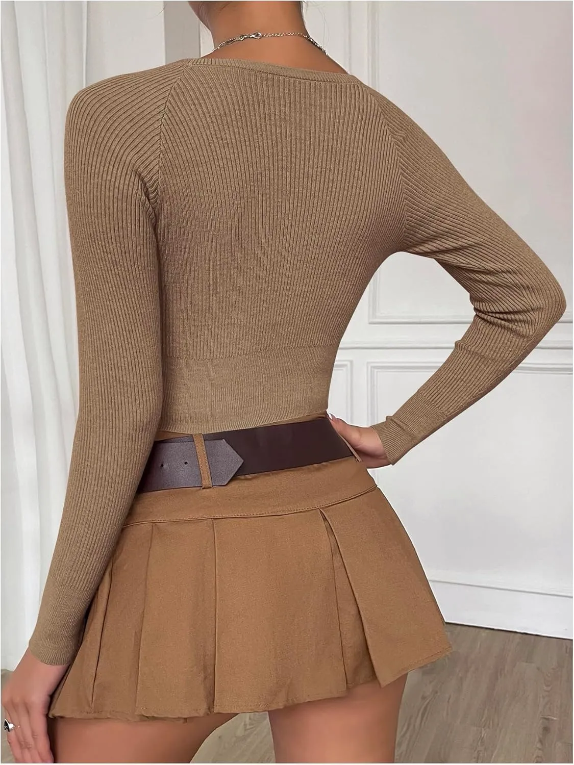 MakeMeChic Women's Long Sleeve Cropped Sweater Crew Neck Rib Knitted Tee Tops