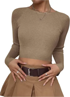 MakeMeChic Women's Long Sleeve Cropped Sweater Crew Neck Rib Knitted Tee Tops