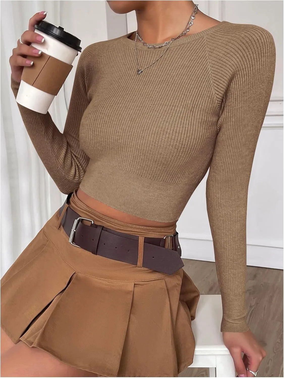 MakeMeChic Women's Long Sleeve Cropped Sweater Crew Neck Rib Knitted Tee Tops