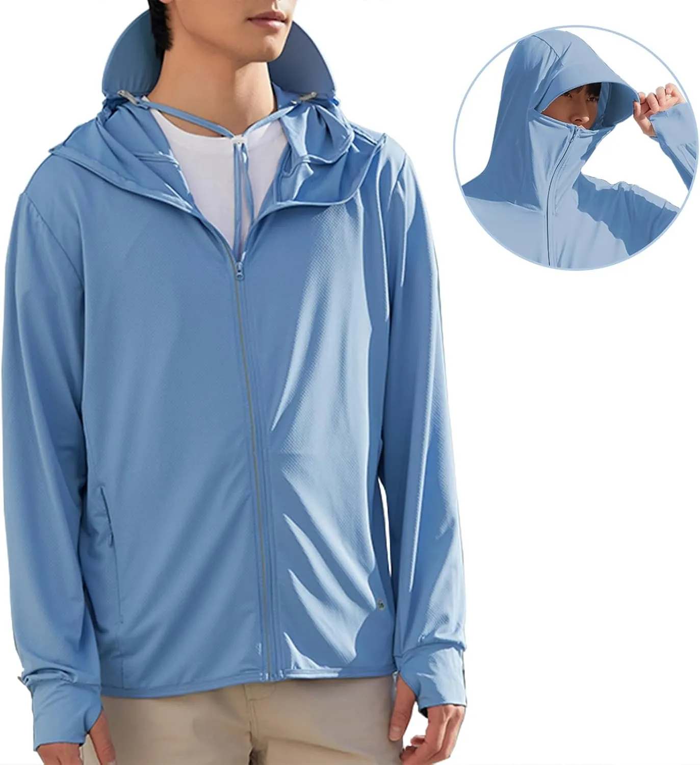 Men's UPF50  Sun Protection Hoodie Long Sleeve Thumbhole Elastic Quick Dry Sun Shirts Full Zipper Fishing Jacket