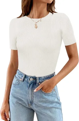 MEROKEETY Women's Short Sleeve Crewneck Bodysuits Summer Ribbed Knit Tops Slim Fit Body Suit