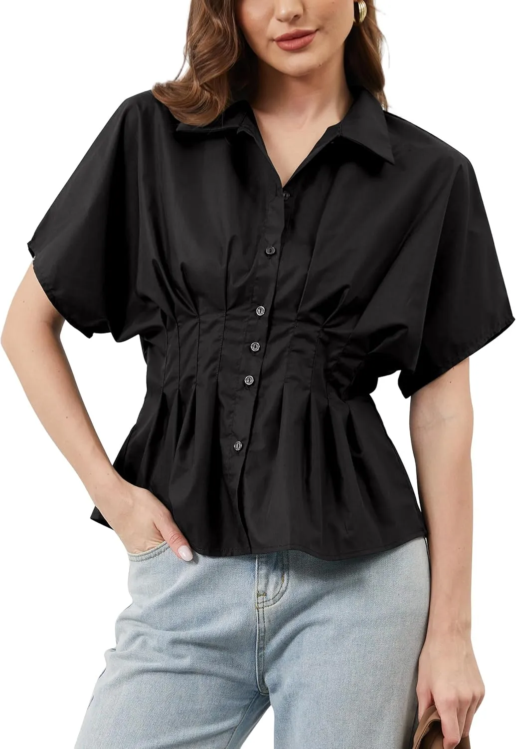 MISSACTIVER Striped Button Down Shirts for Women Short Sleeve Pleated Corset Blouse Casual Summer Peplum Dressy Tops