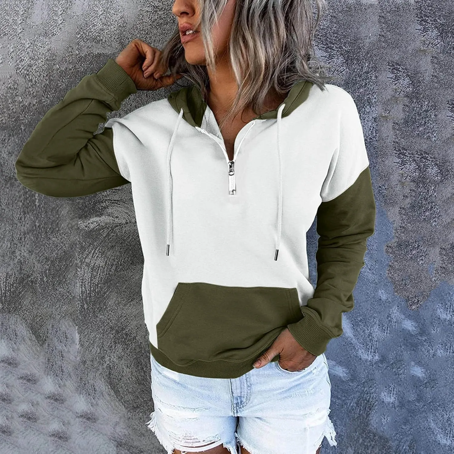 NaRHbrg Lightweight Hoodies for Women Color Block Hooded Sweatshirt Zip-Up Jersey Jacket Long Sleeve Top with Pockets