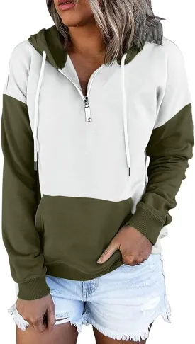 NaRHbrg Lightweight Hoodies for Women Color Block Hooded Sweatshirt Zip-Up Jersey Jacket Long Sleeve Top with Pockets