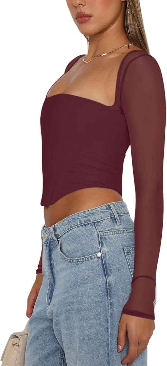 REORIA Women's Sexy Mesh Long Sleeve Boned Corset Top Trendy Y2K Square Neck Going Out Bustier Crop Tops