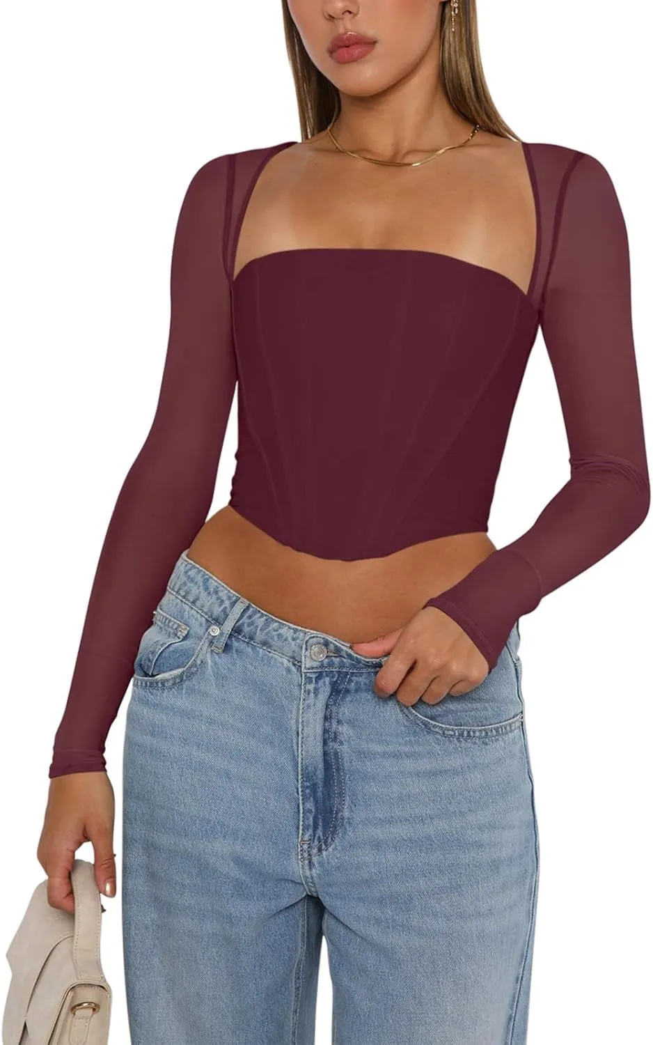 REORIA Women's Sexy Mesh Long Sleeve Boned Corset Top Trendy Y2K Square Neck Going Out Bustier Crop Tops