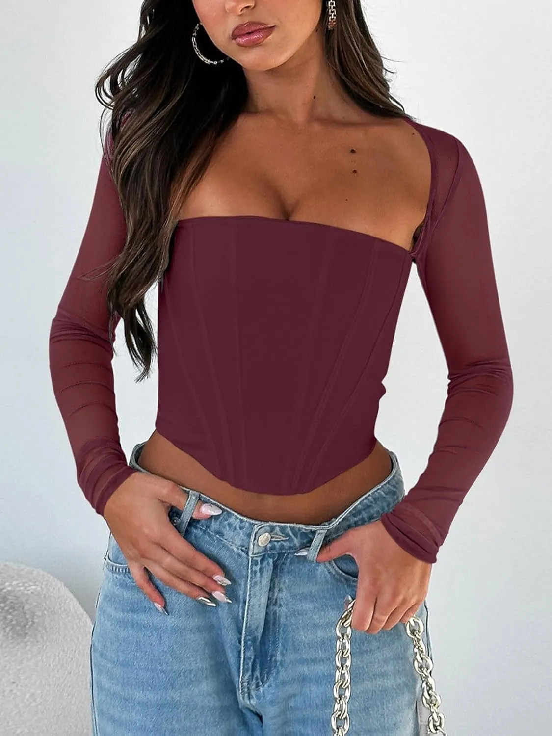 REORIA Women's Sexy Mesh Long Sleeve Boned Corset Top Trendy Y2K Square Neck Going Out Bustier Crop Tops