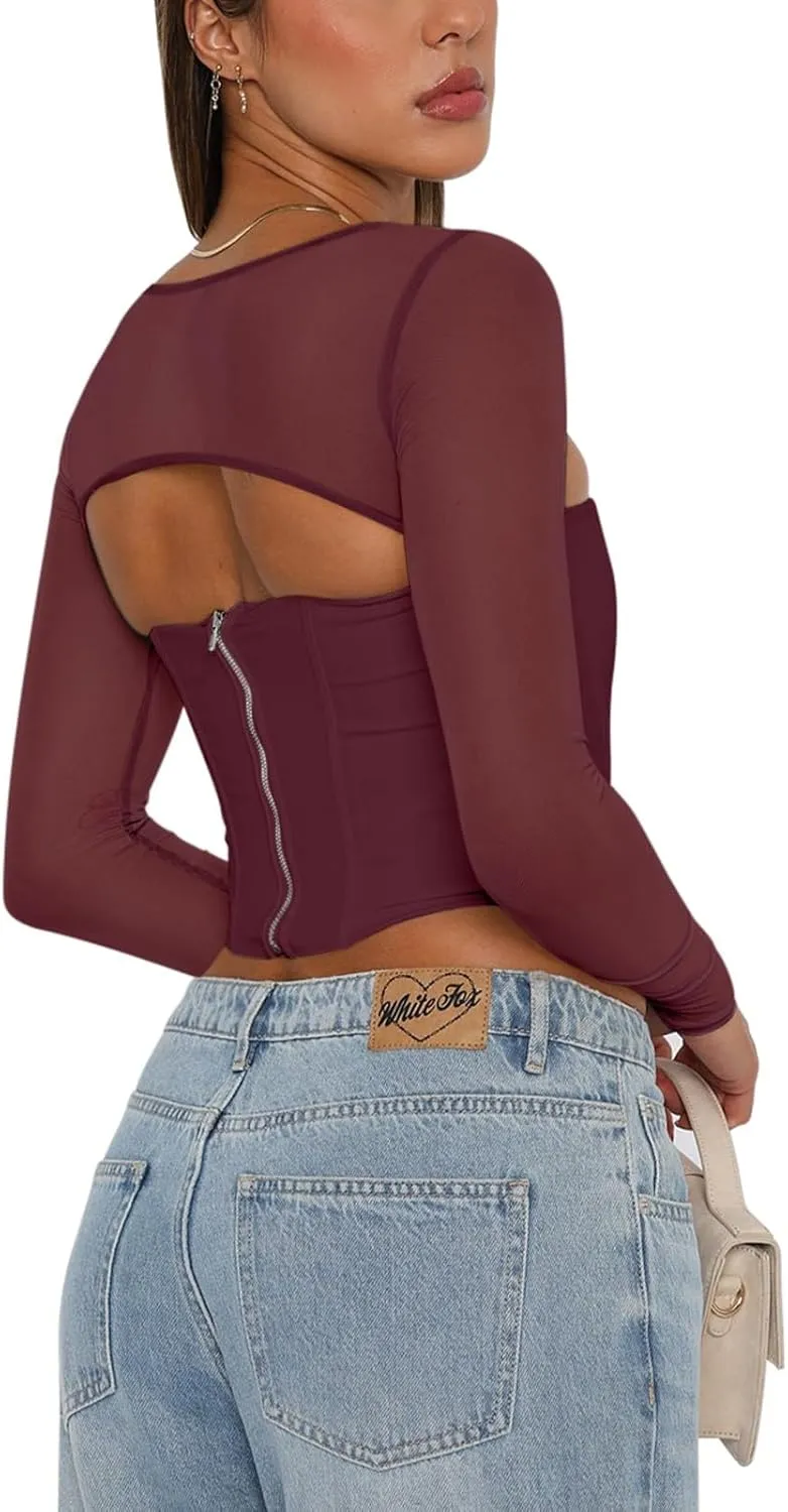 REORIA Women's Sexy Mesh Long Sleeve Boned Corset Top Trendy Y2K Square Neck Going Out Bustier Crop Tops