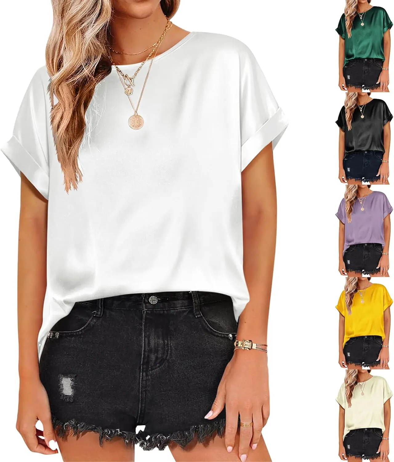 Satin Tops for Women Casual Short Sleeve Shirts Crewneck Pullover Tops Loose Fit Work Blouses 2025 Y2K Tee Tops