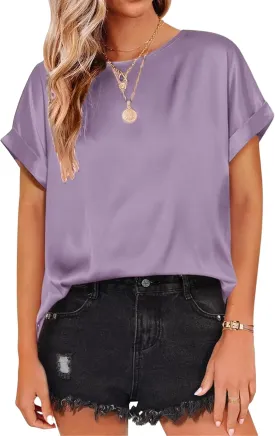 Satin Tops for Women Casual Short Sleeve Shirts Crewneck Pullover Tops Loose Fit Work Blouses 2025 Y2K Tee Tops