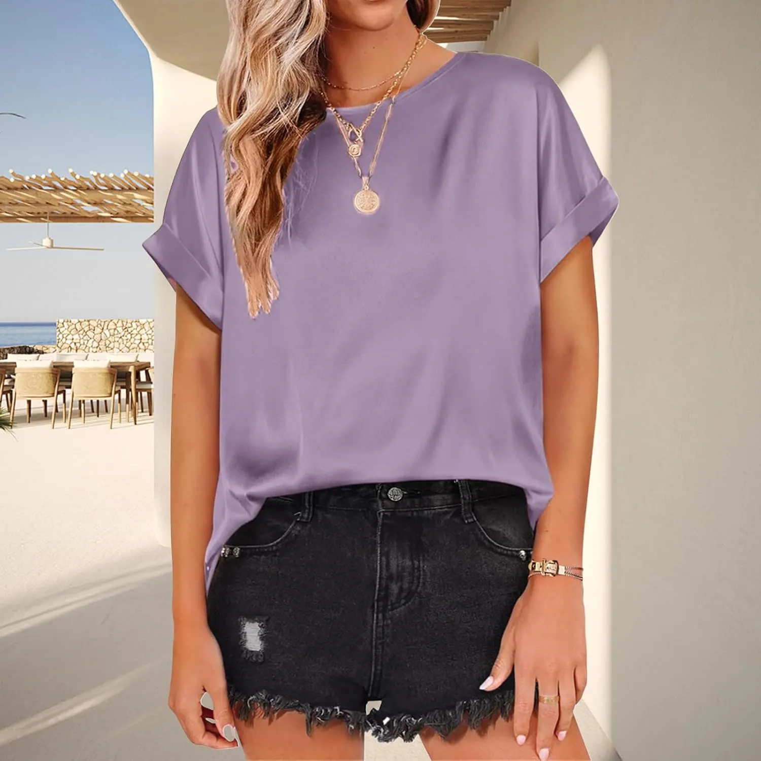 Satin Tops for Women Casual Short Sleeve Shirts Crewneck Pullover Tops Loose Fit Work Blouses 2025 Y2K Tee Tops
