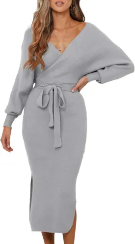 Sexyshine Women's Sexy Deep V-Neck Long Batwing Sleeve Backless Mini Slim Fit Bodycon Pencil Knit Sweater Dress with Belt