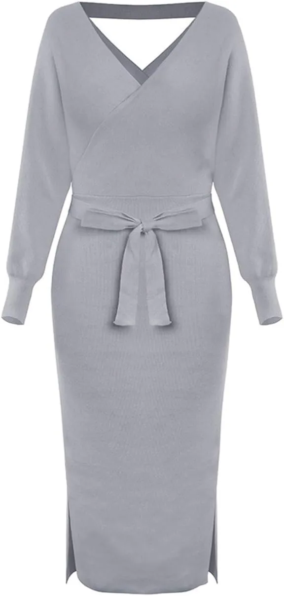 Sexyshine Women's Sexy Deep V-Neck Long Batwing Sleeve Backless Mini Slim Fit Bodycon Pencil Knit Sweater Dress with Belt