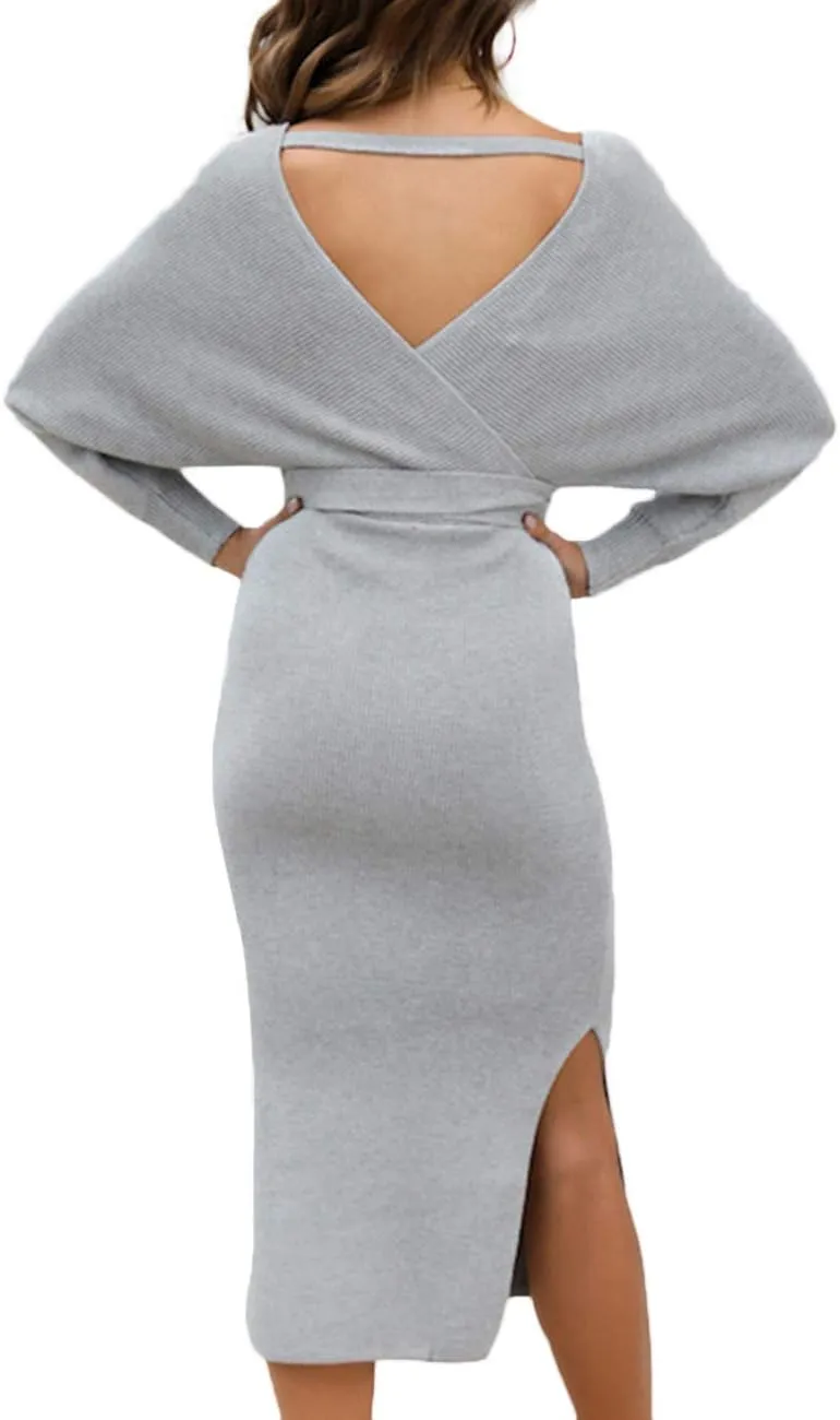 Sexyshine Women's Sexy Deep V-Neck Long Batwing Sleeve Backless Mini Slim Fit Bodycon Pencil Knit Sweater Dress with Belt