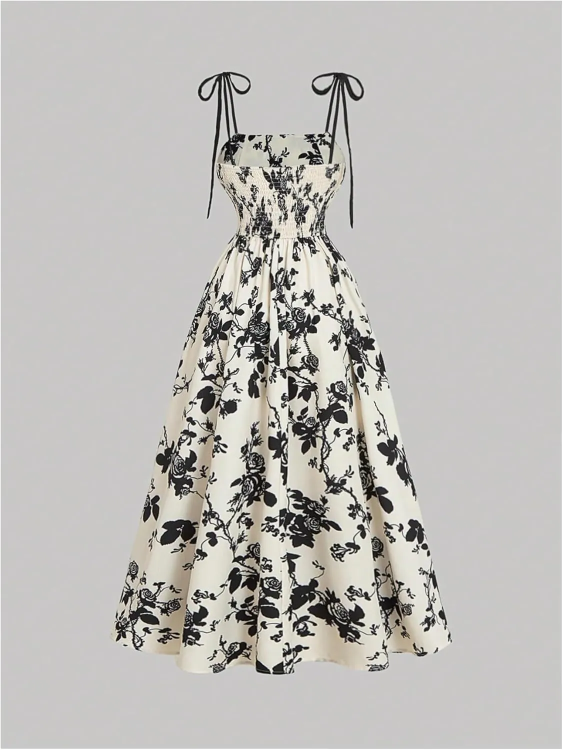 SHENHE Women's Floral Bustier Corset Dress Tie Shoulder Smocked Flowy Boho Long Dress Sundress