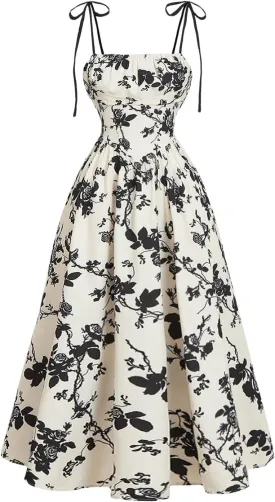 SHENHE Women's Floral Bustier Corset Dress Tie Shoulder Smocked Flowy Boho Long Dress Sundress